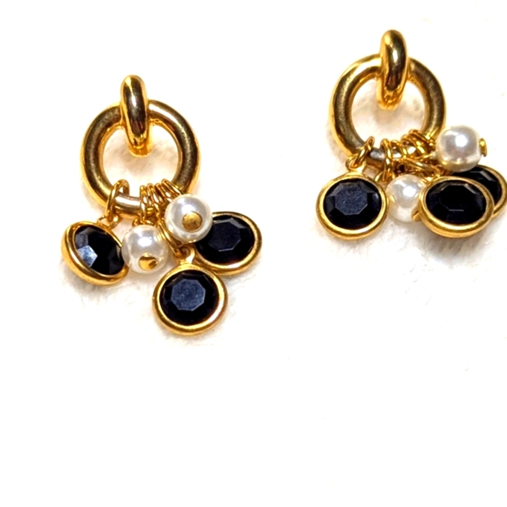 Elegant Goldtone, Black Crystal And Faux Pearl Pierced Dangle Earrings arrings - Picture 4 of 7